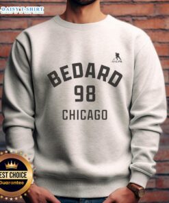 Alt Text: Connor Bedard Chicago Blackhawks sweatshirt featuring name and number 98, perfect for ice hockey fans.