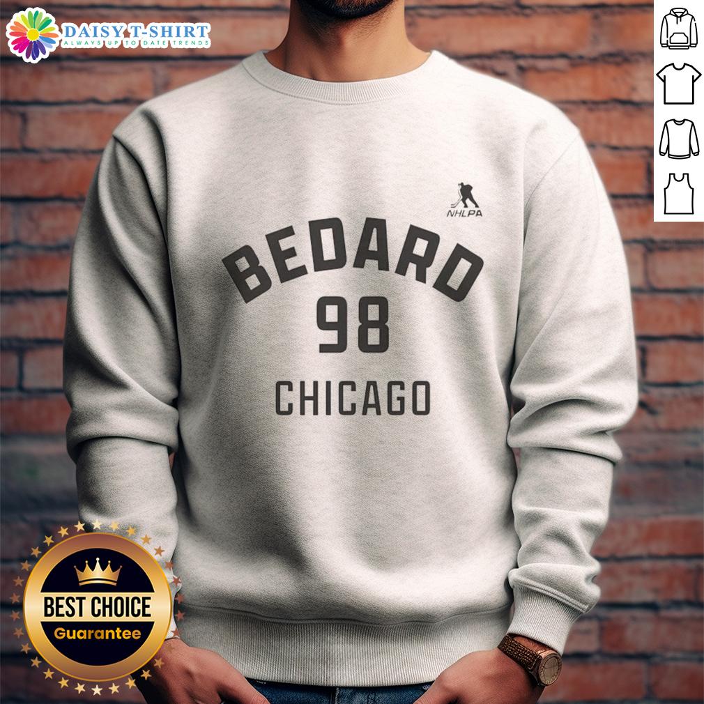Good Connor Bedard Chicago Blackhawks Ice Hockey Name And Number 98 Sweatshirt Alt Text: Connor Bedard Chicago Blackhawks sweatshirt featuring name and number 98, perfect for ice hockey fans.