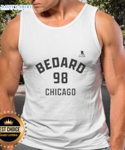 Connor Bedard Chicago Blackhawks tank top featuring name and number 98, perfect for ice hockey fans.