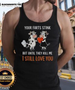 Funny tank top featuring a cow with heart design and humorous text about love and flatulence.