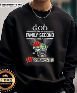 Alt Text: Good Cross God First Family Second Then Wisconsin Sports Sweatshirt in navy blue, perfect for fans and cozy wear.