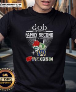 Good Cross God First Family Second Then Wisconsin Sports T-Shirt featuring a stylish design for Wisconsin sports fans.