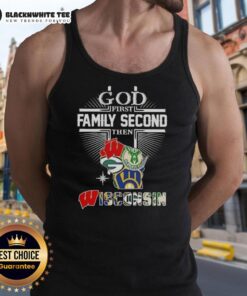 Good Cross God First Family Second Then Wisconsin Sports Tank Top in vibrant colors, perfect for sports fans.