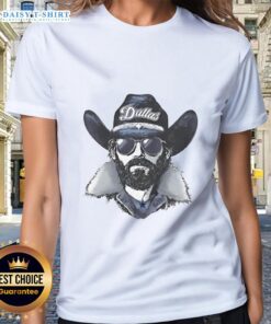 Dallas Cowboys mascot wearing a beanie and sunglasses on a ladies' tee, showcasing team spirit and style.