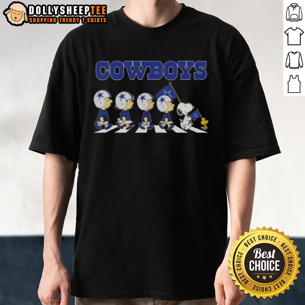 Good Dallas Cowboys X Peanuts Snoopy And Friends Abbey Road T Shirt Alt Text: Good Dallas Cowboys X Peanuts Snoopy and Friends Abbey Road T-Shirt featuring iconic characters in a playful design.