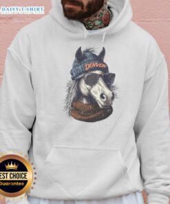 Alt Text: Denver Broncos mascot in a beanie and sunglasses, wearing a hoodie, showcasing team spirit and style.