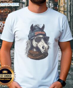 Alt Text: Denver Broncos mascot in a beanie and sunglasses on a T-shirt, showcasing team spirit and style.