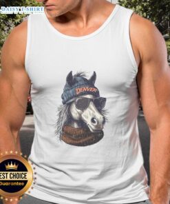 Denver Broncos mascot wearing a beanie, sunglasses, and a tank top, showcasing team spirit and fun.