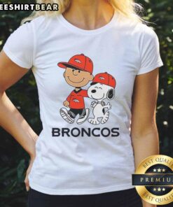 Denver Broncos NFL Ladies Tee featuring Peanuts characters Snoopy and Charlie Brown in vibrant team colors.