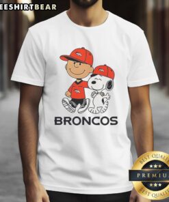 Good Denver Broncos NFL x Peanuts Snoopy and Charlie Brown T-shirt featuring fun cartoon graphics and team colors.