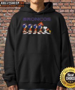 Alt Text: Good Denver Broncos X Peanuts Snoopy and Friends Abbey Road Hoodie featuring iconic cartoon characters in team colors.