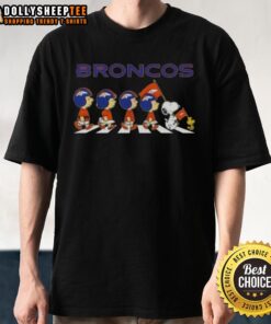 Good Denver Broncos X Peanuts Snoopy and Friends Abbey Road T-Shirt featuring iconic characters in a playful design.