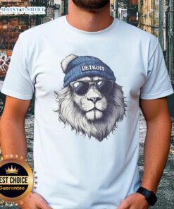 Detroit Lions mascot in a beanie and sunglasses on a t-shirt, showcasing team spirit and style.