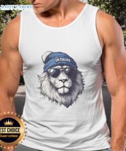 Detroit Lions mascot in a beanie and sunglasses, wearing a tank top, showcasing team spirit and fun.