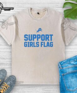 Good Detroit Lions Support Girls Flag Washed T-Shirt in blue, featuring the iconic Lions logo and soft, casual style.