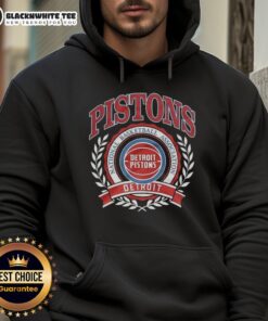 Retro Detroit Pistons NBA logo with laurel wreath frame on a hoodie, showcasing vintage basketball style.