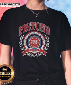 Retro Detroit Pistons NBA logo framed by a laurel wreath on a ladies tee, perfect for basketball fans and stylish wear.