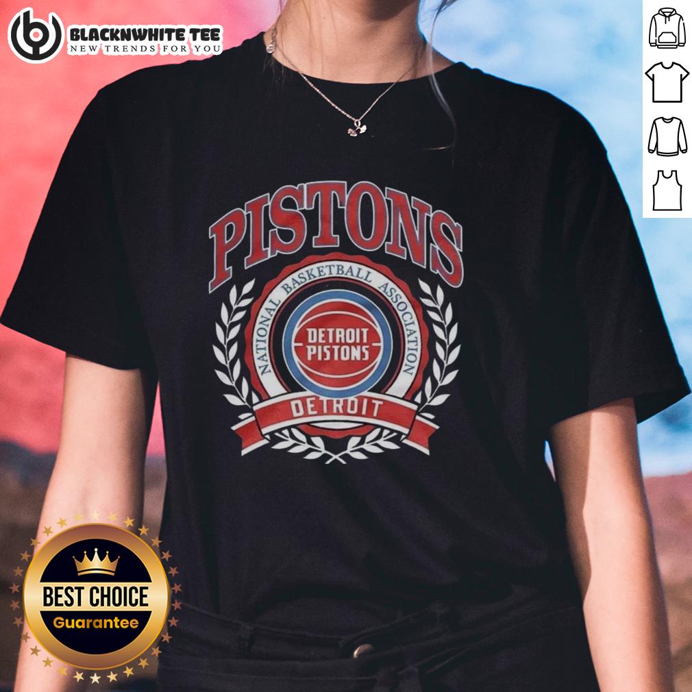 Good Detroit Pistons National Basketball Association Logo Laurel Wreath Frame Retro Ladies-Tee Retro Detroit Pistons NBA logo framed by a laurel wreath on a ladies tee, perfect for basketball fans and stylish wear.