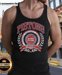 Retro tank top featuring the Detroit Pistons NBA logo inside a laurel wreath frame, perfect for basketball fans.