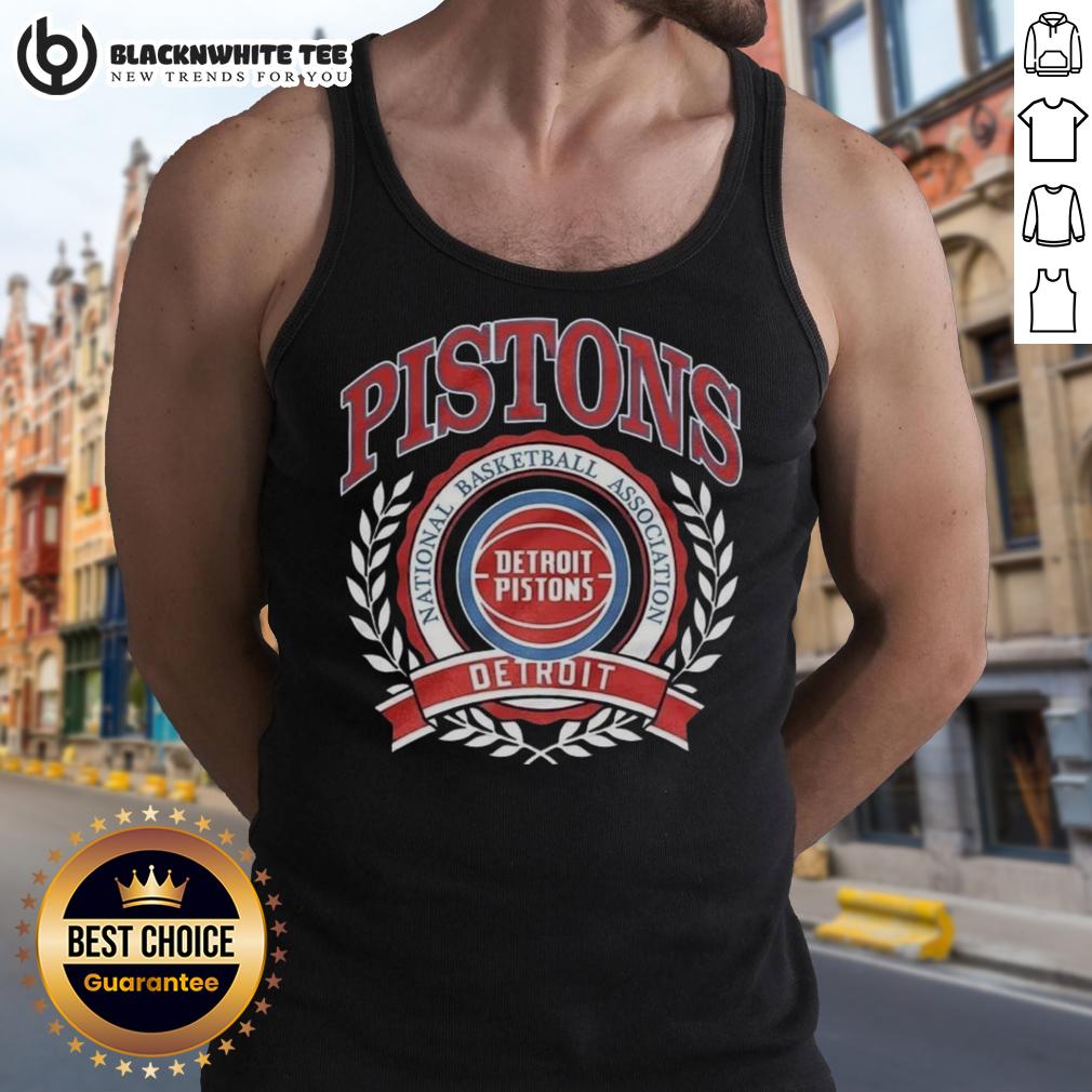 Good Detroit Pistons National Basketball Association Logo Laurel Wreath Frame Retro Tank Top Retro tank top featuring the Detroit Pistons NBA logo inside a laurel wreath frame, perfect for basketball fans.