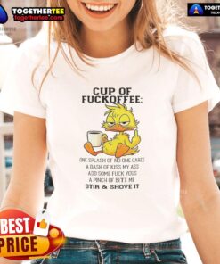 Funny ladies' tee featuring 'Good Duck Cup Of Fckoffee' design with playful graphics and humorous text.
