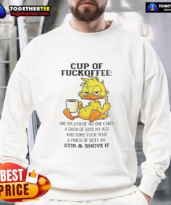 Alt Text: Cozy sweatshirt featuring 'Good Duck Cup of Coffee' design, perfect for casual wear and coffee lovers.