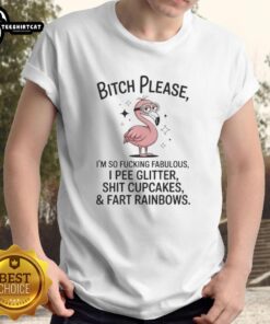 Colorful 'Good Flamingo Bitch Please' t-shirt featuring a fun design of cupcakes and rainbows, perfect for fabulous fashion.