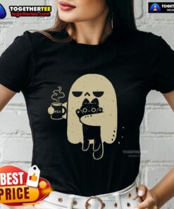 Good Ghost Meh Coffee tee featuring a woman holding a cat, perfect for cat ladies and coffee lovers.