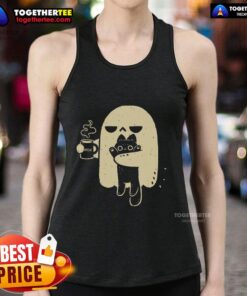 Good Ghost Meh coffee holding cat tank top featuring a fun graphic design and vibrant colors for cat lovers.