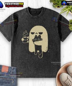 Good Ghost Meh coffee holding cat washed t-shirt design featuring a playful ghost with a cat, perfect for casual wear.