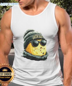 Alt Text: Green Bay Packers mascot in a beanie and sunglasses, wearing a tank top, ready for game day fun.
