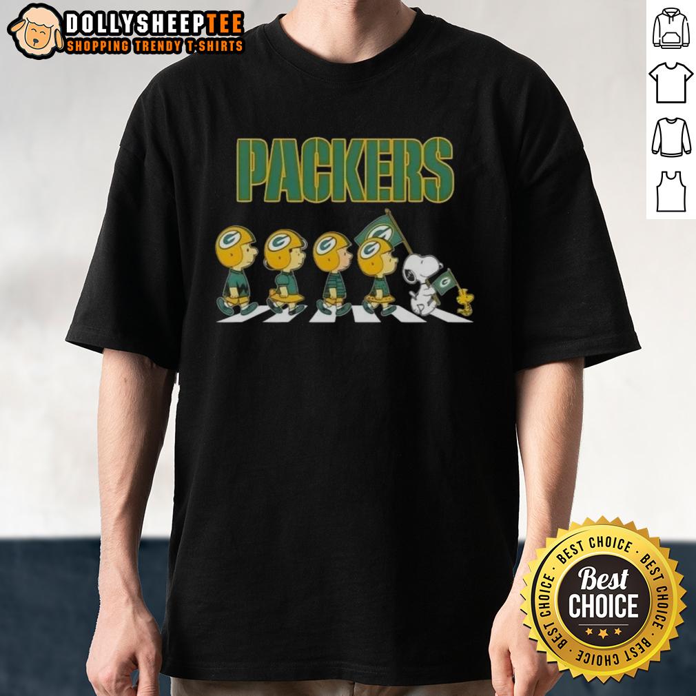 Good Green Bay Packers X Peanuts Snoopy And Friends Abbey Road T Shirt Alt Text: Good Green Bay Packers X Peanuts Snoopy and Friends Abbey Road T-Shirt featuring iconic characters in a fun design.
