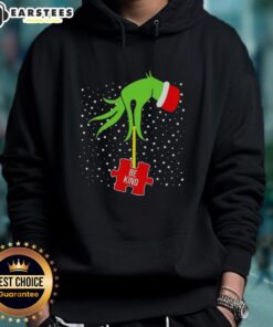 Good Grinch Hand Be Kind Puzzle Autism Awareness Christmas Hoodie featuring festive design and vibrant colors.