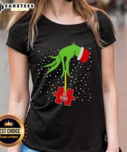 Good Grinch Hand Be Kind puzzle design on a Christmas ladies tee for Autism Awareness, promoting kindness and inclusivity.