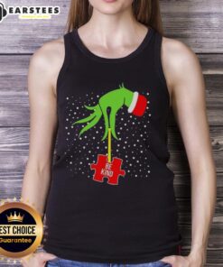 Alt Text: Good Grinch Hand Be Kind Puzzle Autism Awareness Christmas Tank Top featuring festive design for holiday spirit.