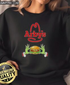 Good Grinch Hands Love Arby's Merry Christmas Sweatshirt featuring festive design and playful holiday spirit.