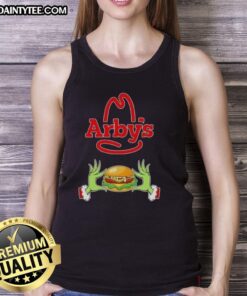 Good Grinch hands holding an Arby's cup, wearing a Merry Christmas tank top, perfect for holiday festivities.