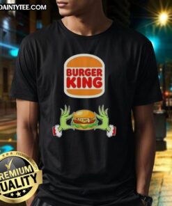 Good Grinch Hands Love Burger King Merry Christmas T-Shirt featuring festive Grinch design and vibrant colors.