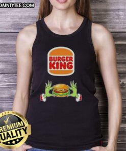 Good Grinch hands holding a burger at Burger King in a festive Merry Christmas tank top design.