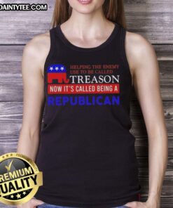 Graphic tank top featuring the phrase 'Good Helping The Enemy' with a political theme, highlighting modern Republican views.