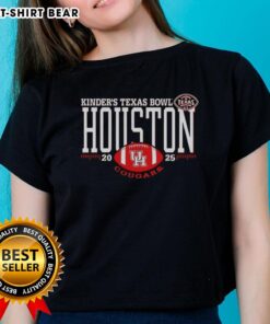 Alt Text: Good Houston Cougars 2025 Kinders Texas Bowl logo on a ladies tee, perfect for fans and game day attire.