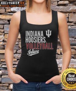 Good Indiana Huskers Volleyball NCAA text logo overlay tank top in red and white, perfect for sports fans.