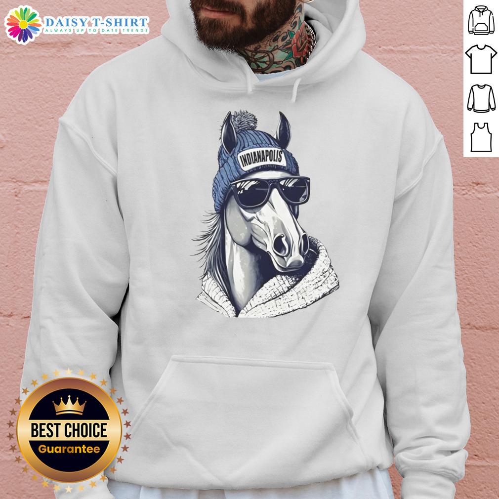 Good Indianapolis Colts Mascot Wearing A Beanie And Sunglasses Hoodie Indianapolis Colts mascot in a beanie and sunglasses hoodie, showcasing team spirit and playful style.
