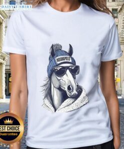 Alt Text: Fun Indianapolis Colts mascot wearing a beanie and sunglasses on a ladies' tee, perfect for NFL fans.
