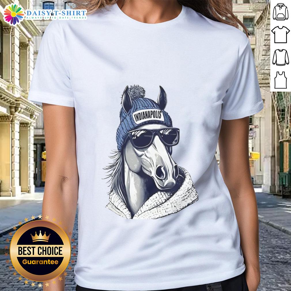 Good Indianapolis Colts Mascot Wearing A Beanie And Sunglasses Ladies Tee Alt Text: Fun Indianapolis Colts mascot wearing a beanie and sunglasses on a ladies' tee, perfect for NFL fans.