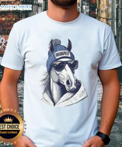 Good Indianapolis Colts mascot wearing a beanie and sunglasses t-shirt, showcasing team spirit and style.