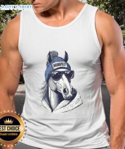 Good Indianapolis Colts mascot in a beanie and sunglasses, wearing a tank top, ready for game day fun.