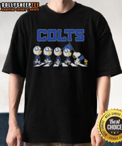 Good Indianapolis Colts X Peanuts Snoopy and Friends Abbey Road T-Shirt featuring iconic characters in a fun design.