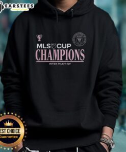 Alt Text: 2025 Inter Miami CF MLS Cup Champions logo hoodie with vibrant design and diving stretch graphic.