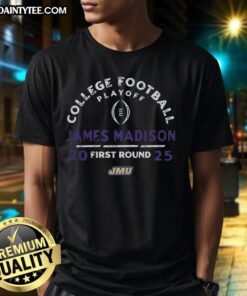 Alt Text: James Madison Dukes NCAA 2025-26 College Football Playoff First Round Curved T-Shirt in vibrant colors.